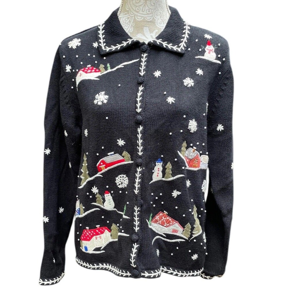 Vintage Erika Cardigan Sweater Petite Large Snowy Village Xmas Winter Holiday